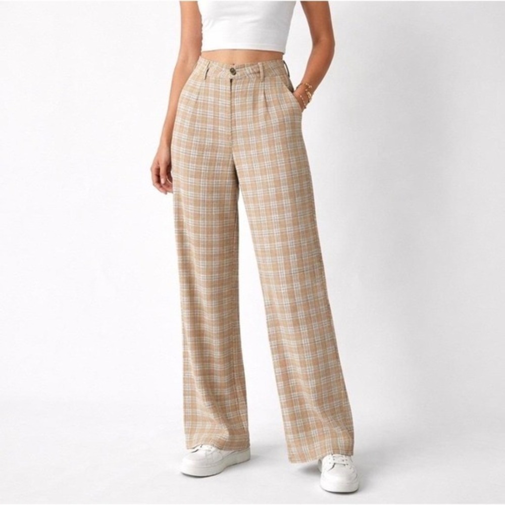 Princess Polly Tan Blue Plaid Wide Leg High Waisted Trousers Pants US 2